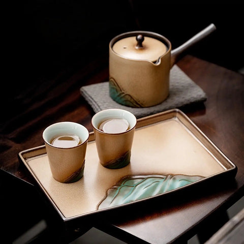 Premium Ceramic Tea Serving Tray For Kung Fu Brewing And Coffee Or Cocktails Ultra Slick Smooth Surfaces with two cups and teapot