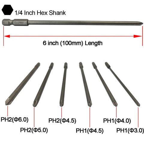 Long Philips Cross Screwdriver Bit Set 6 Pieces - 6 Inch S2 Steel Phillips Bits In PH1 3.0mm 4.0mm 4.5mm And PH2 4.5mm 5.0mm 6.0mm