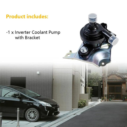 Electric Inverter Coolant Pump Water Pump With Bracket For 2004 To 2009 Toyota Prius Hybrid displayed with a black Prius in background.