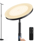 Lit 36W LED Floor Lamp with 3000LM output, torchiere design, black, touch control, and remote shown for color and brightness adjustment