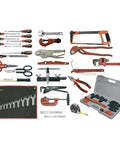 Real Heavy Duty 47 Piece Hydraulic Mechanic Tool Set With Rolling Tool Chest Metric Wrenches Ratchets Sockets And Bits neatly arranged on a table.