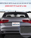 Audi Rear License Plate Bracket Holder Fits A3 S3 RS3 A4 S4 RS4 A5 S5 RS5 A6 S6 RS6 A7 S7 RS7 Q3 Q5 SQ5 Q4 e-tron 2011-2025 2004-2025 Car Tag Frame Mounting Kit, shown on rear of silver Audi sedan, highlighting compatibility on license plate area.