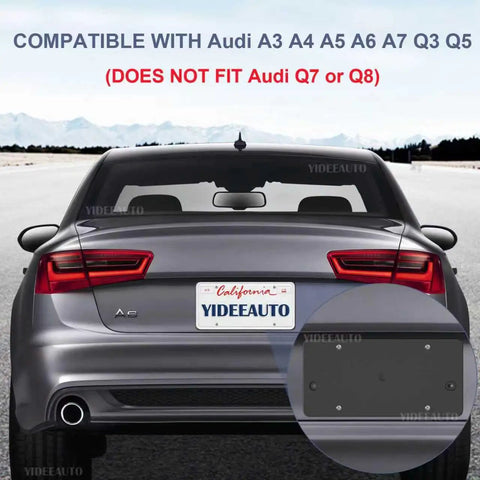 Audi Rear License Plate Bracket Holder Fits A3 S3 RS3 A4 S4 RS4 A5 S5 RS5 A6 S6 RS6 A7 S7 RS7 Q3 Q5 SQ5 Q4 e-tron 2011-2025 2004-2025 Car Tag Frame Mounting Kit, shown on rear of silver Audi sedan, highlighting compatibility on license plate area.