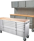 72 Inch Stainless Steel Rolling Tool Chest With 15 Drawers And 3 Upper Cabinets, Mobile Workbench On Wheels, Lockable Storage Cabinet With Pegboard And Solid Wood Top For Pro Grade Tool Organization, front view