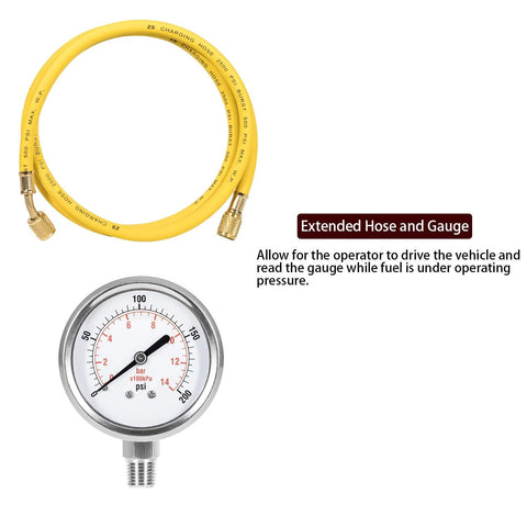 Fuel pressure test kit with yellow extended hose and pressure gauge