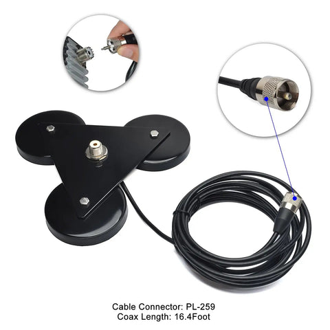 Heavy Duty Magnetic Antenna Mount Base With Triple 3.5-Inch Magnets And 16.4 Foot RG-58 Cable PL-259 Plug For Mobile Ham Radios