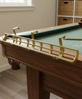 Solid Gold Billiard Ball Rack And Pool Organizer Tray Wall Mount Storage Holder attached to billiard table edge.