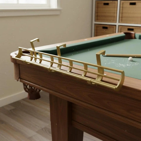 Solid Gold Billiard Ball Rack And Pool Organizer Tray Wall Mount Storage Holder attached to billiard table edge.