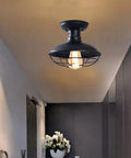Industrial Farmhouse Ceiling Light Fixture With Metal Cage Shade Copper Finish Close To Ceiling Mount E26 Base in hallway