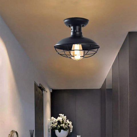 Industrial Farmhouse Ceiling Light Fixture With Metal Cage Shade Copper Finish Close To Ceiling Mount E26 Base in hallway