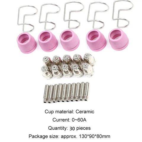 Get Prime Cuts With These 30Pcs Plasma Cutter Consumables Set Featuring Durable Ag-60 Torch Head Tips And Electrodes For 0 To 60A Machines, includes ceramic cups and tips.