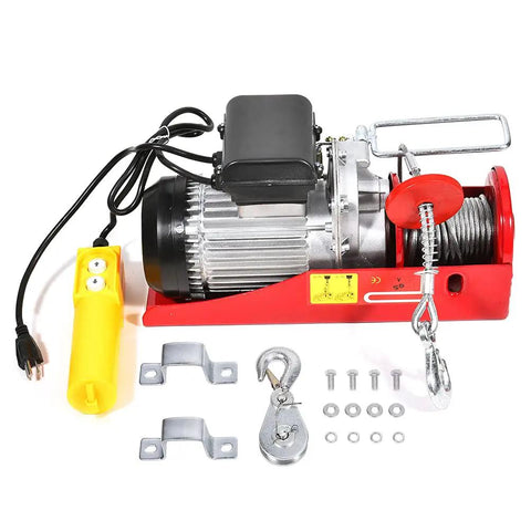 Built Tough 1500 Lb Overhead Electric Hoist Lift Crane For Garage Engine Work with accessories, remote control, and cable