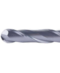 Close-up of SpeTool ball nose carbide end mill with 1/4 in shank, 3 in overlength, double-flute spiral milling tool