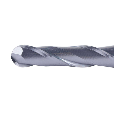 Close-up of SpeTool ball nose carbide end mill with 1/4 in shank, 3 in overlength, double-flute spiral milling tool