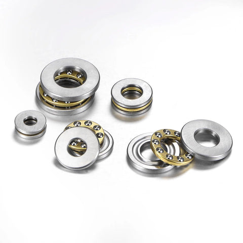 Set of chrome steel miniature thrust ball bearings with washers, 5mm bore, 12mm OD, 4mm thick (4 pcs).