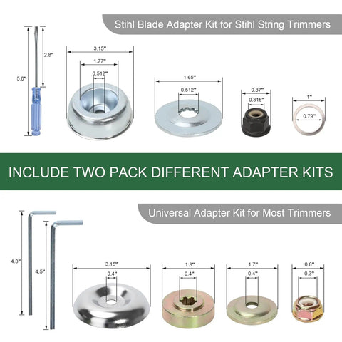 Adapter kits for 10 Inch 3 Tooth Brush Cutter Blades For Gas Powered Trimmers 2 Pack with universal fit dimensions and components.