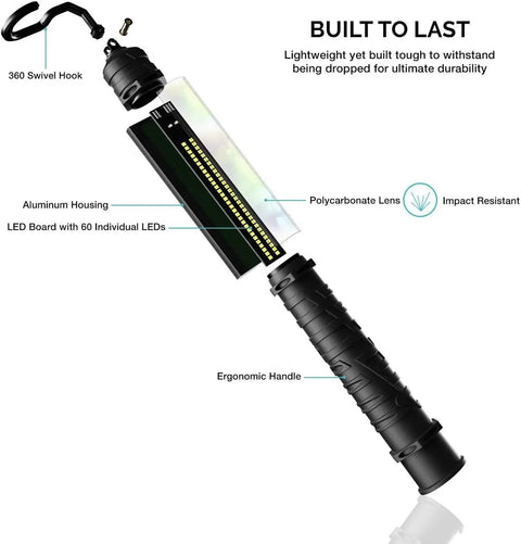 Cordless LED Work Light Handy On The Go 350 Lumens with aluminum housing and polycarbonate lens showing 360 swivel hook.
