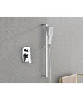 Wall Mounted Waterfall Rain Shower System with 3 Body Sprays & Handheld installed on gray wall, showcasing chrome finish and sleek design.