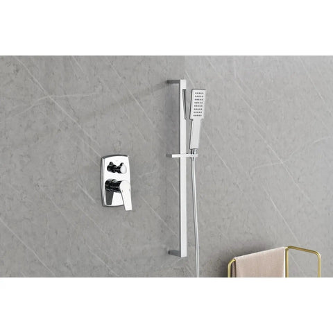 Wall Mounted Waterfall Rain Shower System with 3 Body Sprays & Handheld installed on gray wall, showcasing chrome finish and sleek design.