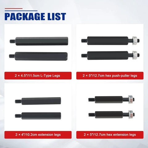 Package contents of Beefy Heavy Duty Bearing Puller Set For Wheels And Hubs 5 Ton Capacity 14 Piece with various legs and extensions.