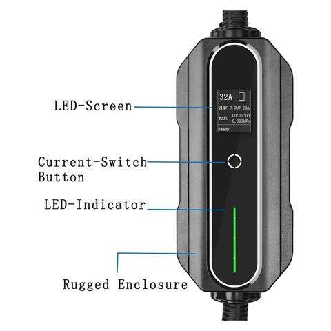 Heavy Duty Level 2 EV Charger With CEE Wall Plug 32A 5m Cable showing LED screen, current switch button, and LED indicator