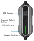 Straight Up Heavy Duty Portable Electric Charger With Type One Cable And Cee Plug 32 Amp 7 Kilowatt J1772 Adapter showing LED display and rugged enclosure.