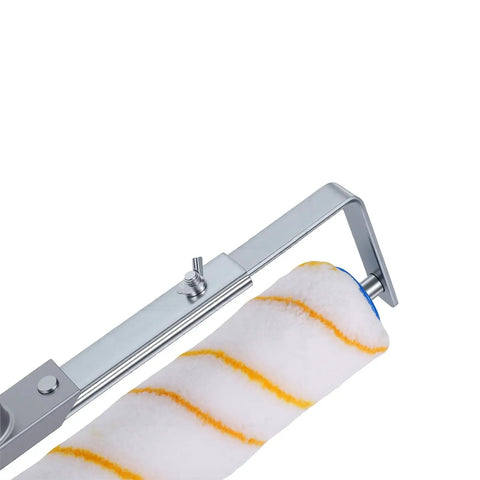 Heavy Duty 18 Inch Paint Roller Kit With Rust Proof Stainless Steel Extension Pole And Adjustable Frame close-up of roller head with stripes for smooth wall painting.