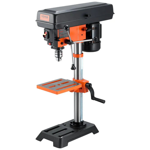 Heavy Duty Benchtop Drill Press Packing A Killer 3.2 Amp Motor And Five Speeds With Ten Inch Swing Plus Tilting Cast Iron Table, showcasing the sturdy design and adjustable features.