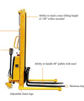 Heavy Duty Wide Leg Semi Electric Pallet Stacker Built Like A Tank With A Rock Solid 2204 Lbs Capacity And A Sweet 138 Inch Lift Height For Confined Warehouses side view showing ergonomic handle and adjustable frame legs.