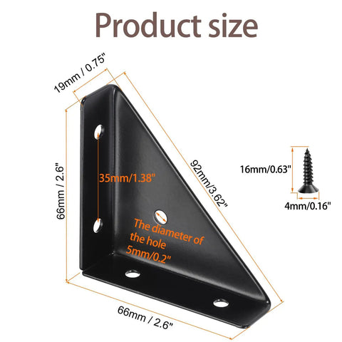 Heavy Duty Four Pack Bed Corner Supports And Hidden Triangular Shelf Brackets Built With Cold Rolled Steel dimensions with black finish.