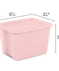 Pink 18 Gallon Storage Bin With Secure Snap On Lid Heavy Duty Stackable Plastic Tote Clutch For Moving Essentials And Home Organization Space Flex Game Changer dimensions shown