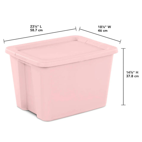 Pink 18 Gallon Storage Bin With Secure Snap On Lid Heavy Duty Stackable Plastic Tote Clutch For Moving Essentials And Home Organization Space Flex Game Changer dimensions shown