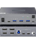 Kick Your Tech Setup To The Next Level With This Usb C Kvm Switch Supporting Hdmi Dual Monitors And 4K Resolution For Seamlessly Sharing One Pc Or Laptop Features Four Usb 3.0 Ports And 100W Pd Fast Charging Includes Us Power Adapter, showing inputs and outputs.