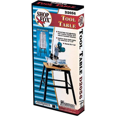 Product packaging of Beefy 13 By 23 Inch Butcher Block Tool Table With 700 Pound Capacity And About 30 Inch Tall Vibration Reducing Cross Braced Benchtop Stand For Chop Saws Drill Presses Planers And Scroll Saws.