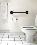 Two Pack 24 Inch Black Stainless Steel Shower Grab Bars For Bathroom Safety And Senior Support on bathroom wall above toilet.