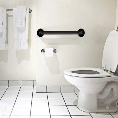 Two Pack 24 Inch Black Stainless Steel Shower Grab Bars For Bathroom Safety And Senior Support on bathroom wall above toilet.