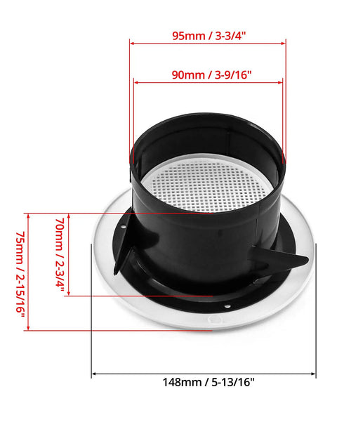 4 Inch Round ABS Air Vent Louver Grille Cover Set With Built In Fly Screen Mesh 4 Pack, showing dimensions for bathroom ventilation