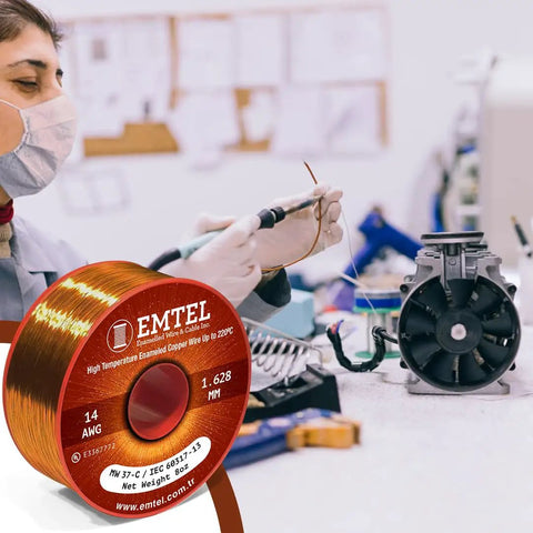 Engineer working with 20 AWG Magnet Wire Enamel Copper for Transformers and Motors, 8 Oz 157 Ft, in an electrical workshop