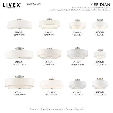 Brushed Nickel Flush Mount Ceiling Light With Off White Fabric Hardback Shade, variety of sizes and styles displayed.
