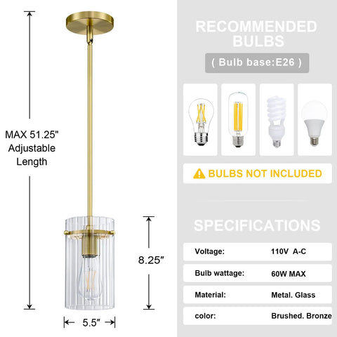 3 Pack Modern Gold Pendant Lights With 5.3 Inch Clear Glass Shades, Brushed Brass Finish, E26 Base, dimensions and specifications shown