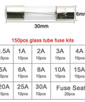 Rock Solid Auto Glass Tube Fuse Kit 150 Piece Assorted Set Loaded With 130 Fast Blow Fuses And Twenty Heavy Duty Holder Slots Packed Inside A Clear Box For Your Street Ready Rides 30mm glass tube fuse with size details.