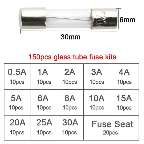 Rock Solid Auto Glass Tube Fuse Kit 150 Piece Assorted Set Loaded With 130 Fast Blow Fuses And Twenty Heavy Duty Holder Slots Packed Inside A Clear Box For Your Street Ready Rides 30mm glass tube fuse with size details.