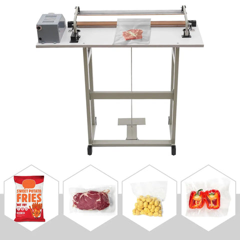 No Sweat Foot Pedal Heat Sealer Portable Plastic Bag Sealing Machine 110V 850W with bagged meat and snacks on display.
