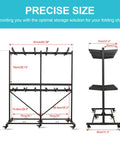 Heavy Duty Folding Chair Dolly Cart for Stacking 84 Chairs, with 2 tier storage rack and locking wheels shown with precise size dimensions.