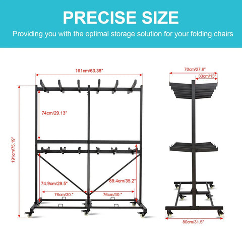 Heavy Duty Folding Chair Dolly Cart for Stacking 84 Chairs, with 2 tier storage rack and locking wheels shown with precise size dimensions.