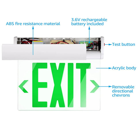 Green LED Edge Lit Emergency Exit Sign With Battery Backup No Fuss UL 924 Double Sided Rotating Acrylic Panel shown with features