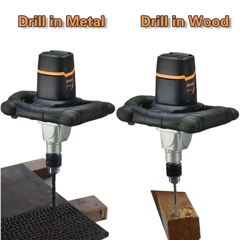 Heavy Duty 12 Amp Concrete And Mortar Mixer drilling into metal and wood surfaces with keyed chuck bit