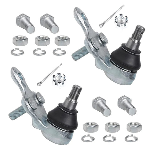 Two front lower control arms with ball joints in silver metal and mounting hardware.