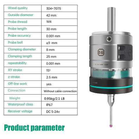 Rock Solid High Precision 3D Trigger Edge Finder CNC Touch Probe with a ruby stylus showing detailed product parameters.