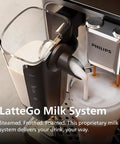 Fully Automatic Espresso Machine With 12 Hot And Iced Coffee Picks Straight Up Home Barista Game Changer Featuring Silent Brew Tech Auto Milk Foam And Ceramic Grinder For Smooth Daily Sips In Glossy Black Chrome with LatteGo milk system in use.
